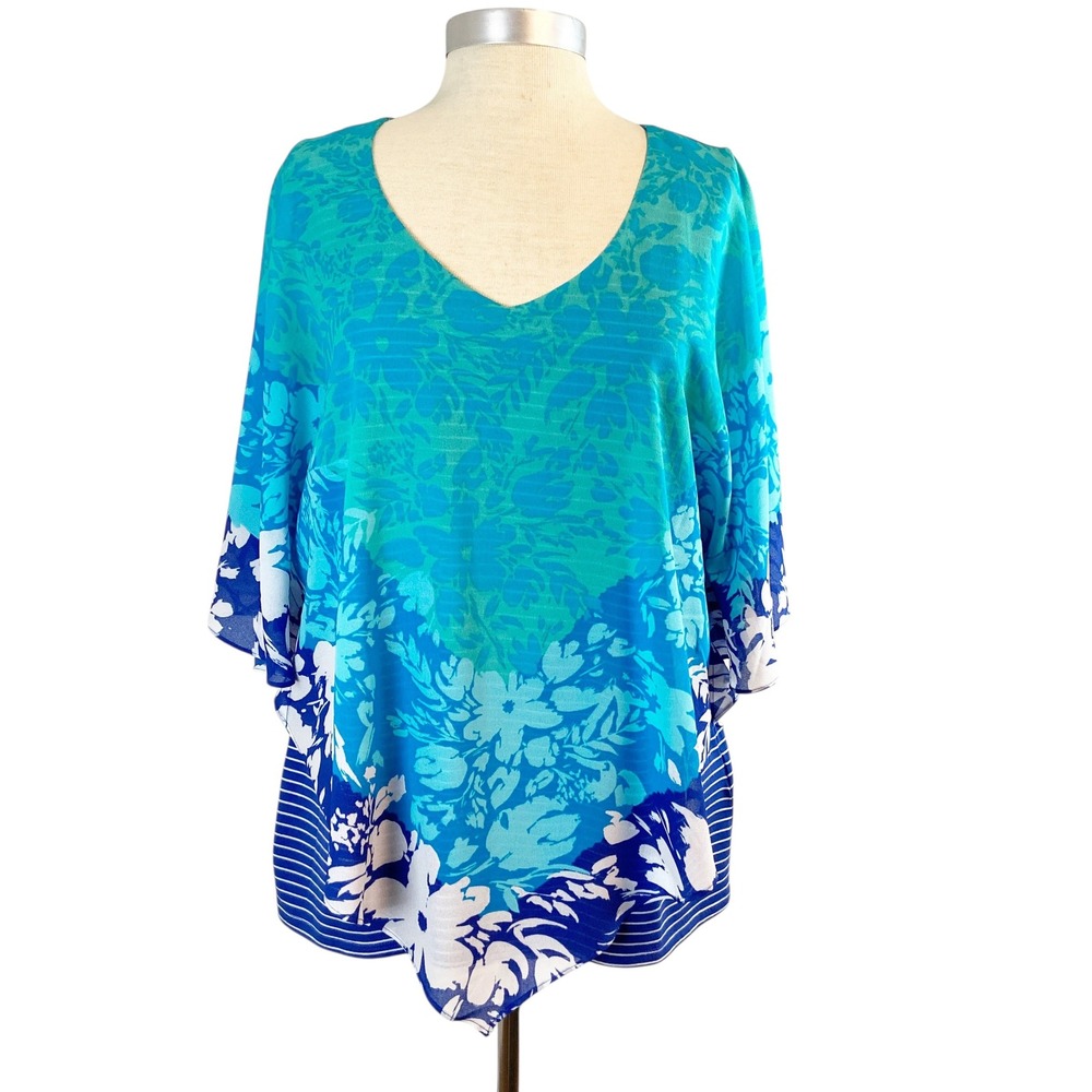 Ruby‎ Rd Womens XL Blue Floral Striped Layered Poncho Top V-Neck Chiffon Overlay